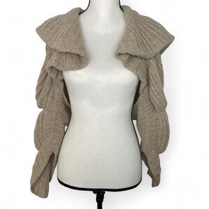 Tan 100% Super Light Lambs Wool Knit Shrug Ruffle Sleeves Oversized Collar